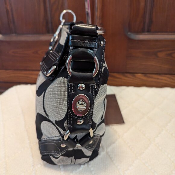 Coach Signature Carly Hobo Black Gray Canvas Brass Shoulder Bag Purse 12871 - Picture 5 of 12